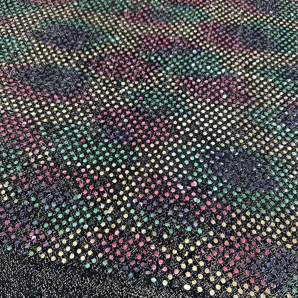 1 Yard Holographic Multi-Color Iridescent Sequin Dot Fabric On Black/Gold Knit - Picture 8 of 8